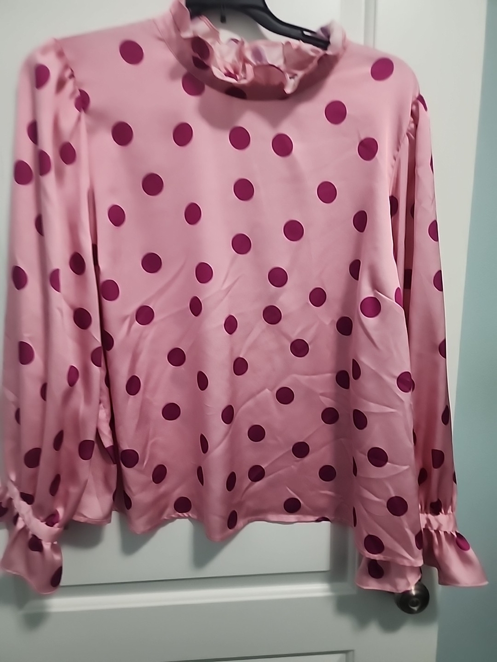 Eloquii Pink Blouse with Magenta Polka Dots